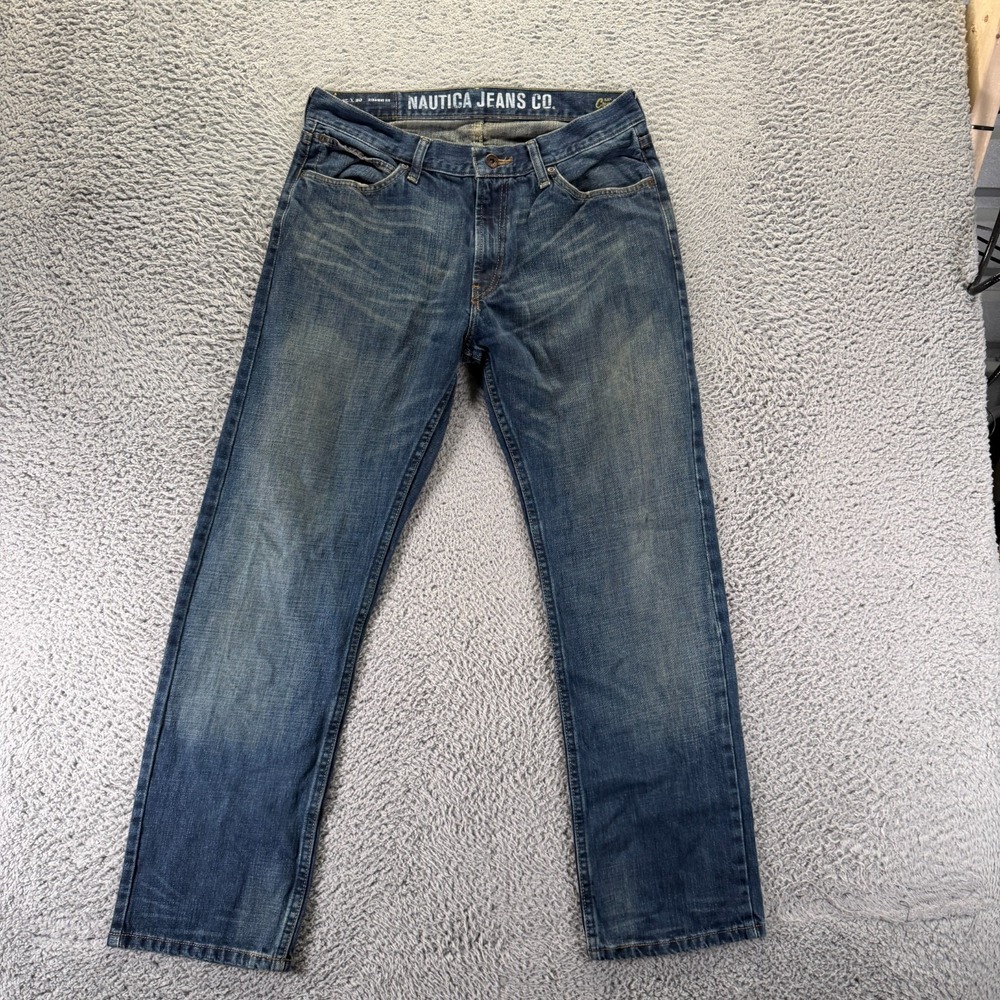 Nautica Jeans Mens 32x30 Blue Cotton Denim Straight Leg Travel Workwear Faded